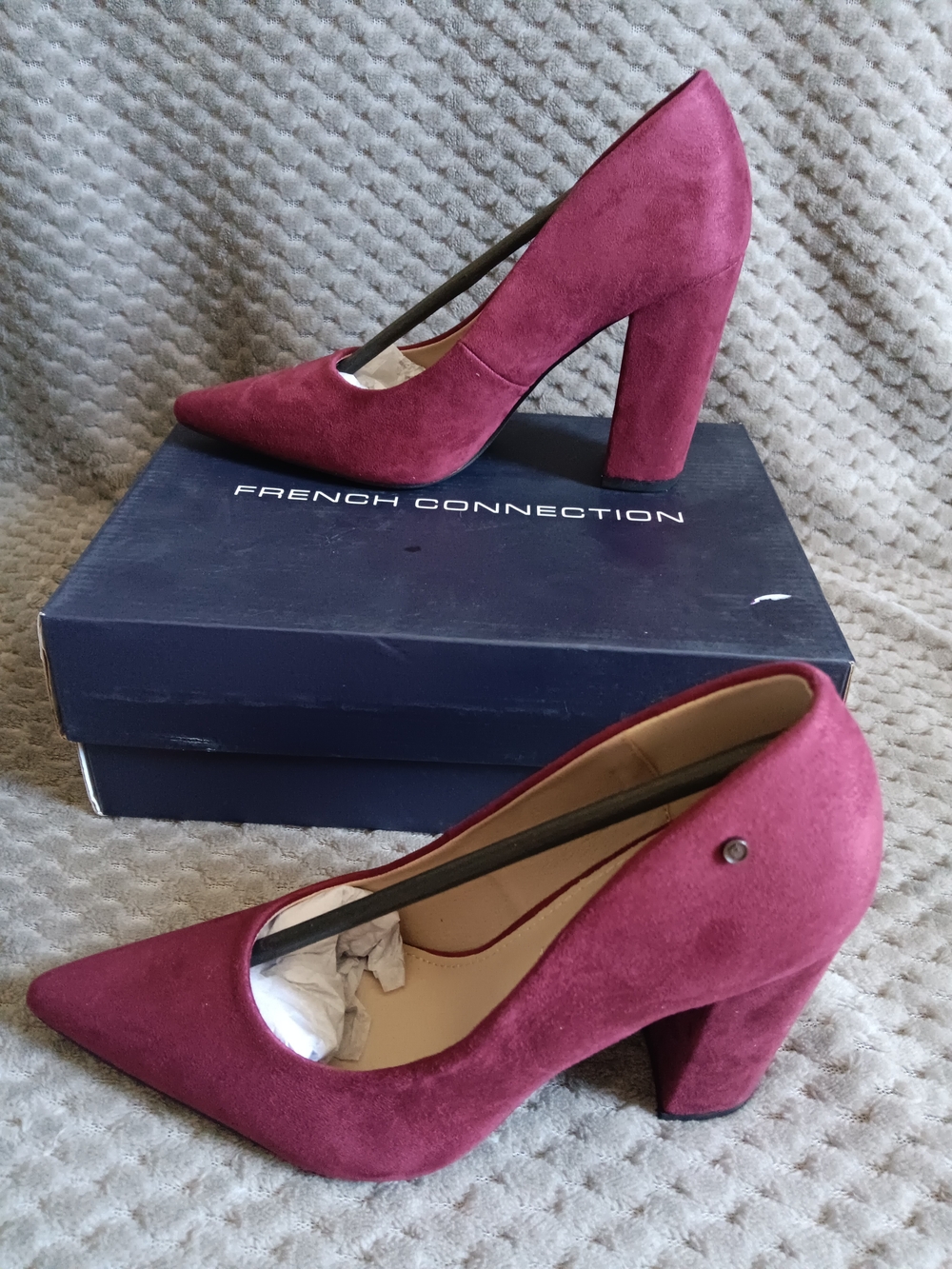 French Connection Women's Burgundy Suede Pointed Toe Block Heel Pump
